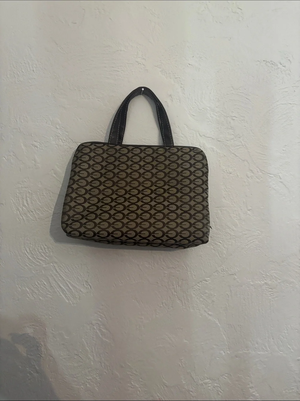 Men's Patterned Brown Tote Bag with Dark Brown Trim
